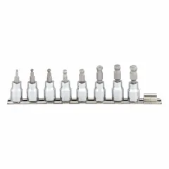 This 25-piece ball hex bit socket set features a 3/8 in drive and includes a replaceable insert. The set covers hex sizes from 3 mm to 10 mm, with 8 pieces included. Ball hex design allows angled access to fasteners in confined spaces, suitable for assembly, repair, and maintenance tasks.