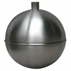 This stainless steel threaded float features a 1/2 in IPS external thread for secure mounting. It is used as a buoyant component in liquid-level control systems, such as tank switches and valves, where corrosion resistance is required.