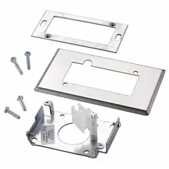 Gray polymer wall mount plate for Johnson Controls TE 6001 Series temperature sensors. Includes wallplate adaptor and mounting hardware. Measures 2 in x 3 in overall. Supports horizontal or vertical mounting orientation.