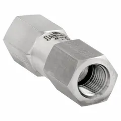 Poppet check valve with inline valve body and FNPT x FNPT connections. Constructed of stainless steel for corrosion resistance. Used in instrumentation systems to prevent backflow in fluid and gas media.