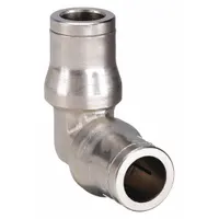 This nickel-plated brass elbow fitting features push-to-connect connections on both ends for 6 mm OD tubing. It is used in pneumatic systems to create leak-free joints in air-line installations. Typical applications include industrial automation, packaging, and material handling equipment