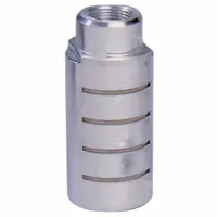 This pneumatic exhaust muffler reduces noise from compressed air exhaust ports on valves, cylinders, and other pneumatic equipment. It features a stainless steel construction with a 3/4 in NPT connection and 1 5/8 in hex size, providing a noise reduction rating of 155 dB NRR