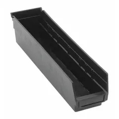 This shelf bin is made from 100% recycled plastic and measures 4 1/8 in x 4 in with an overall length of 17 7/8 in. It is black and nesting capable for space-efficient storage. Dividers are not included, and the bin is not electrostatic discharge conductive. Suitable for organizing small parts on industrial shelving in warehouses and workshops.