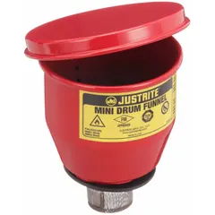 This manual pail funnel is constructed of red steel with a 1 qt capacity and 4 1/2 in diameter and height. It includes a manual closing cover for controlled dispensing of liquids into pails or drums. Suitable for fluid transfer and maintenance tasks.