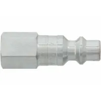 Steel quick-connect air coupling plug for pneumatic systems. 1/4"-18 thread size, female hose fitting. Designed for secure, quick-disconnect connections in compressed air lines