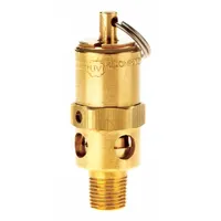 Brass body hard seat pneumatic safety valve with stainless steel seat. Features 1/8 in male NPT inlet and 1/4 in female NPT outlet. Used to protect compressed air systems from overpressure in industrial pneumatic lines