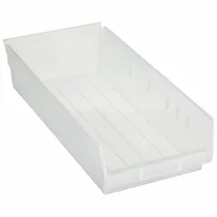 This clear plastic shelf bin is designed for organizing small parts, components, and hardware in industrial storage systems, warehouses, and workshops. It has an overall length of 17 7/8 inches and dimensions of 8 3/8 in x 4 in. The bin is nesting capable for efficient space utilization when not in use. It is not electrostatic discharge conductive and dividers are not included.