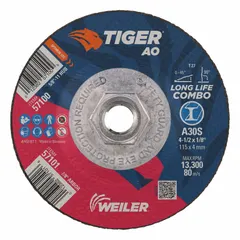 General purpose combination wheel for grinding, blending, and finishing on carbon and stainless steel. Type 27 depressed center design with 30 grit aluminum oxide abrasive. Dimensions: 4-1/2" diameter, 1/8" thickness, 5/8"-11 arbor hole.