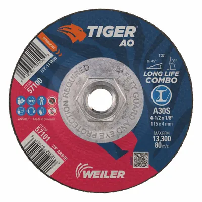 WEILER Abrasive Grinding Wheel: Type 27, 4 1/2" x 1/8" x 5/8"-11, Aluminum Oxide - General Purpose Combination Wheels for Carbon & Stainless Steel