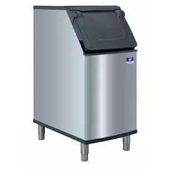 Stainless steel ice bin with flip-up lid, unfinished exterior. Stores ice produced by an ice machine in commercial kitchens, bars, and foodservice operations. Dimensions: 38 in Ht x 22 in Wd x 34 in Dp.