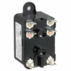 This magnetic relay from WHITE-RODGERS features two relays with SPNO/SPNC contact form and a low-voltage SPDT contact form, operating on a 24V AC coil. It is used in HVAC systems and industrial equipment for switching fan motors and other loads.