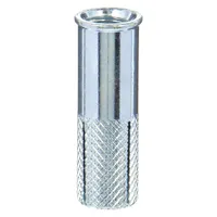 Steel drop-in anchor with 1/2 in diameter and 3/4 in overall length. Coarse thread type. Used for fastening fixtures, conduit, or equipment into solid concrete or masonry. Supplied in a 20-pack