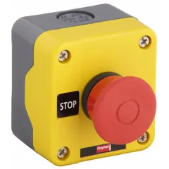 This push-button control station features a red mushroom head operator with no legend. It is configured with one normally closed (1NC) contact and no pilot lights. Typical applications include emergency stop or safety shutdown functions in industrial machinery and conveyor systems.