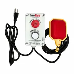 This liquid-level alarm operates at 120V AC and uses a tether float switch to detect high liquid levels. It features auto/manual operation and provides a 90 dB audio/visual alarm when activated. The unit supports one alarm input and has no battery backup. Typical applications include monitoring sump pits, tanks, or basins to alert personnel of potential flooding or overflow.