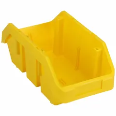 Yellow cross-stacking plastic bin with a 75 lb load capacity. Measures 6 5/8 in x 12 1/2 in x 5 in. Designed for organizing and storing parts, components, and small tools in industrial settings. Cross-stacking design enables stable vertical stacking without lids, maximizing shelf space and keeping contents accessible.