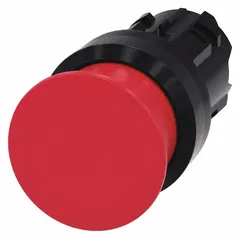 Red mushroom-head push-button operator from the Siemens 3SU series. Non-metallic construction with a 22 mm mounting size. Momentary action suitable for control panel applications requiring a tactile operator for machine start, stop, or emergency functions.