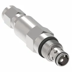 Screw-adjustable pressure control cartridge valve with steel construction. Designed for C-10-2 valve cavities. Used in hydraulic systems to regulate pressure in mobile and industrial equipment such as loaders, lifts, and agricultural machinery.