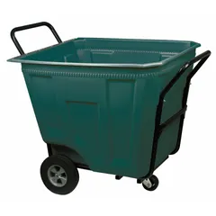 This general purpose cube truck from AKRO-MILS has a 12 cu ft capacity and a 450 lb load rating. It measures 47 in L x 30 1/2 in W x 39 1/2 in H, is colored green, and features a single swivel caster. The unit is supplied without a lid or cover, making it suitable for transporting bulk materials, parts, or waste in industrial and warehouse environments.