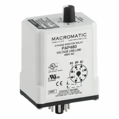 Socket-mounted phase monitor relay for undervoltage monitoring in three-phase systems. Rated 480V AC, 10 A, with 8 terminals. Suitable for industrial control panels to protect motors and equipment from voltage drops.