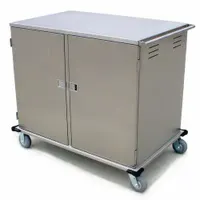 Non-pass-through stainless steel meal delivery cart with two doors, designed to hold 24 trays. Features a silver finish, (2) rigid casters, and 42-inch overall height. NSF certified. Suitable for transporting and serving meals in institutional settings