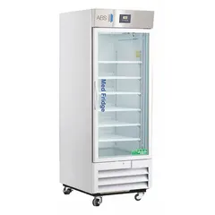 Upright lab refrigerator with 26 cu ft capacity, maintaining 2°C to 7°C. Features a right-opening swing glass door, white finish, and R-290 refrigerant. Includes a temperature alarm. Overall depth 36 1/2 in. Suitable for storing pharmaceuticals, vaccines, and biological samples requiring controlled cold storage.