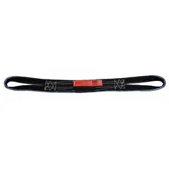 This LIFT-ALL web sling is a 4 ft long, 2 in wide, 2-ply polyester sling with 9 in reverse eyes. The reverse-eye design provides a flat bearing surface on the hook, reducing wear. It is fully sewn and includes a standard tag. Typical applications include lifting and rigging loads where abrasion resistance is critical.