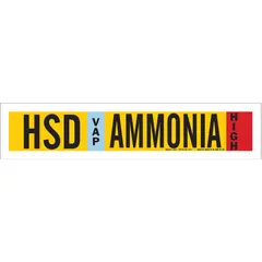 Pipe marker for identifying ammonia piping in industrial refrigeration systems. Designed for VAP (vapor) phase, high pressure level, IIAR system abbreviation HSD. Fits pipe outer diameter 2-1/2 to 7-7/8 inches. Supplied without arrows, adhesive-backed for ammonia service.