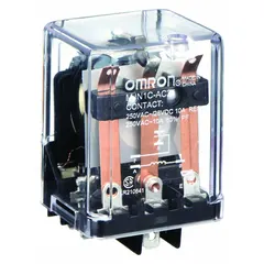 Socket-mounted plug-in relay with square base and flat pins. SPDT contact configuration rated for 10 A at 24V AC. Features 5 quick-connect terminals. Suitable for general-purpose switching in control panels and automation systems.