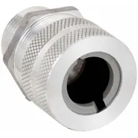 Straight metallic cable grip with 1 in MNPT box connection, accommodating cord diameters from 0.88 in to 1.00 in. Silver aluminum body with gray color-coded grommet. Rated IP66 for liquid-tight protection and Class I, Division 2 for hazardous locations. Overall length 2 5/16 in. Suitable for securing and sealing cable or flexible conduit in industrial environments