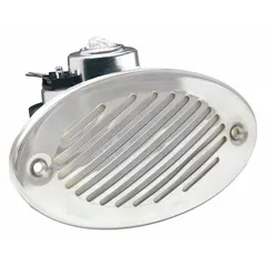 FIAMM 51905 is a 12V DC low-tone electric horn for marine use, delivering a 105 dBA maximum sound level. The horn is silver with an unfinished finish and includes stainless steel grill covers. It provides an audible warning signal for boats in harbors and waterways.