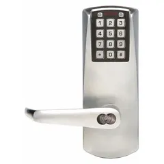 This electronic keyless lockset provides keypad access for commercial and institutional doors. It features an ADA-compliant chrome finish and supports key override with Best and Equivalents (6 or 7 pin length). Suitable for interior or exterior doors requiring keyless entry with master-keyed security.
