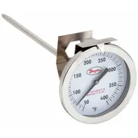 Clip-on dial thermometer for direct attachment to vats and pans. Measures temperature in Fahrenheit from 50°F to 400°F with ±2% accuracy. Features a 5-inch stem. Suitable for monitoring temperatures in food processing, commercial kitchens, and industrial cooking operations