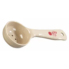 This 2 oz portion control spoon from CARLISLE is made of polycarbonate in beige/maroon and features a perforated bowl. It is NSF certified for use in foodservice environments. The short handle design aids in consistent serving of drained foods such as pasta or vegetables.
