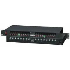 Passive UTP hub with integrated power supply, housed in a steel enclosure. Provides 16 isolated channels for centralized distribution of UTP video signals. Operates on 115/230V AC input voltage. Suitable for use in security and surveillance systems requiring passive UTP signal distribution.