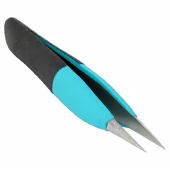 ESD-safe tweezers with a straight pointed tip (0.38 mm thick) for handling small components. Stainless steel construction with smooth finish. Suitable for electronics assembly, laboratory work, and precision tasks where electrostatic discharge protection is required.