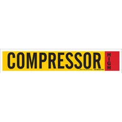 Pipe marker for identifying ammonia lines in industrial refrigeration, HVAC, and processing plants. Made of vinyl with black text on white background. Fits pipe outer diameters of 8 inches and larger. Supplied without directional arrows.