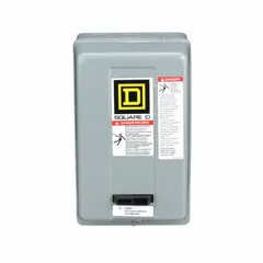 Enclosed non-reversing magnetic motor starter with thermal overload protection. Three poles, NEMA Size 0, 18 A rating, 24V AC coil voltage. Screw clamp terminals. Requires three melting alloy thermal units (not included). Suitable for starting and protecting three-phase motors in applications such as pumps, conveyors, and fans.