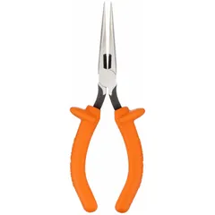 Insulated needle-nose pliers with 7 3/8 in overall length, 2 1/2 in jaw length, and 1 1/4 in max jaw opening. Includes built-in wire stripper for bending, cutting, and stripping wire in electrical work and control panel maintenance.