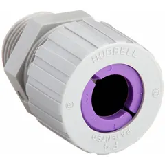 Straight nylon cord connector with 1 in MNPT box connection, accepting cord diameters from 0.75 in to 0.88 in. Gray nylon body with orchid color-coded grommet for size identification. Rated IP66 for dust and water ingress, and Class I, Division 2 for hazardous locations. Overall length 2 1/2 in.