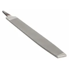 This 12-inch tapered single-cut rectangular file features a bastard cut and a natural finish. It is 1 1/8 inches wide and 5/32 inches thick, designed for general-purpose metal removal, deburring, smoothing, and shaping in machining and fabrication applications.