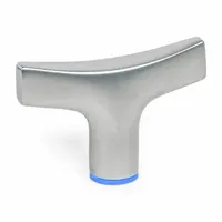 This T-handle knob is made of stainless steel with a matte finish. It has a 3.94-inch diameter and an M10x1.5 threaded hole with a 0.5469-inch thread length. Designed for applications requiring easy hand tightening and cleaning in sanitary environments