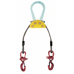 Two-leg bridle wire rope sling with load-leveling design for balanced lifting of unbalanced loads. Steel construction, uncoated rope. 12-ton capacity. Made in USA.