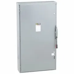 Fusible safety switch rated 400 A, single phase, 240V AC. Galvanized steel enclosure suitable for indoor or outdoor use. Provides a means to safely disconnect electrical power for maintenance or emergency shutdown in industrial and commercial power distribution systems.