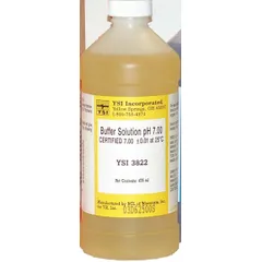 Lab-grade pH 7.00 buffer solution, color coded yellow for easy identification. Used for calibration and quality control of pH meters and sensors in laboratory and industrial settings requiring a stable pH 7 reference.