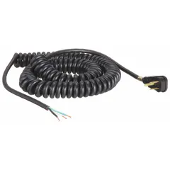 This coiled power cord is 20 ft long with a PVC jacket. It features a 5-15P plug and a bare wire receptacle, allowing custom termination. The SJT cord type is suited for general purpose power supply in dry indoor environments, reducing clutter with its coiled design.