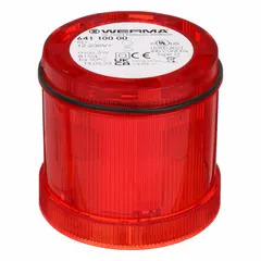 Red steady light module from the KombiSIGN 71 series. Operates at 120V AC. Overall diameter 70 mm, overall height 2 5/8 in. Provides continuous visual indication for machine status or alarm conditions in industrial control applications.