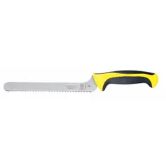 Offset knife with an 8 in stamped steel blade and sharp edge. Handle is yellow Santoprene/polypropylene. NSF certified. Suitable for foodservice cutting and trimming tasks.