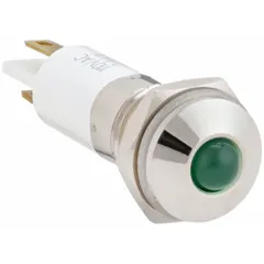 This LED indicator pilot light features a green LED and a raised head design for clear visual status indication on industrial control panels and machinery. It mounts in a 10 mm panel hole with an M10 thread and connects via a 0.11 male quick disconnect terminal.