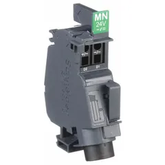 Undervoltage release accessory for PowerPact B circuit breakers. Trips the breaker when supply voltage drops below a preset threshold, protecting equipment from low-voltage conditions. Rated 24V AC/DC. No poles.