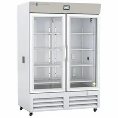 This upright chromatography refrigerator provides a temperature range of 1°C to 10°C for storing temperature-sensitive samples and reagents. The swing glass door allows viewing without temperature fluctuation, and the door ajar alarm alerts users to prevent spoilage. Uses R-290 refrigerant and features a right-opening door.